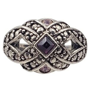 Avon Silver Tone Ring Purple Pink Glass Faux Marcasite Statement Cocktail Sz 8.5
